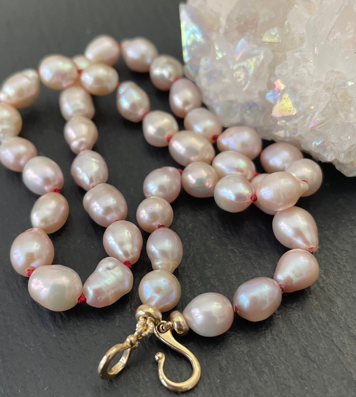 Natural Mauve Pink high luster Baroque Pearl Knotted Necklace, 14k Solid Gold Components.