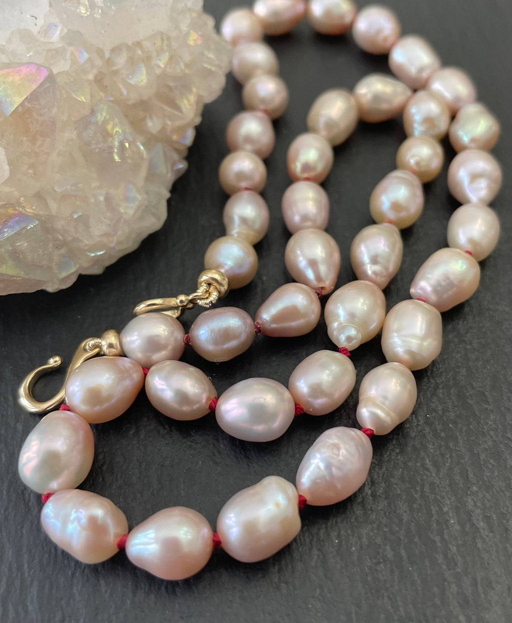 Natural Mauve Pink high luster Baroque Pearl Knotted Necklace, 14k Solid Gold Components.