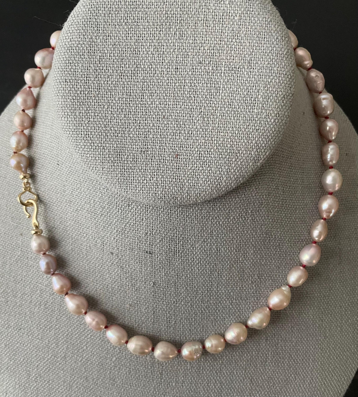 Natural Mauve Pink high luster Baroque Pearl Knotted Necklace, 14k Solid Gold Components.