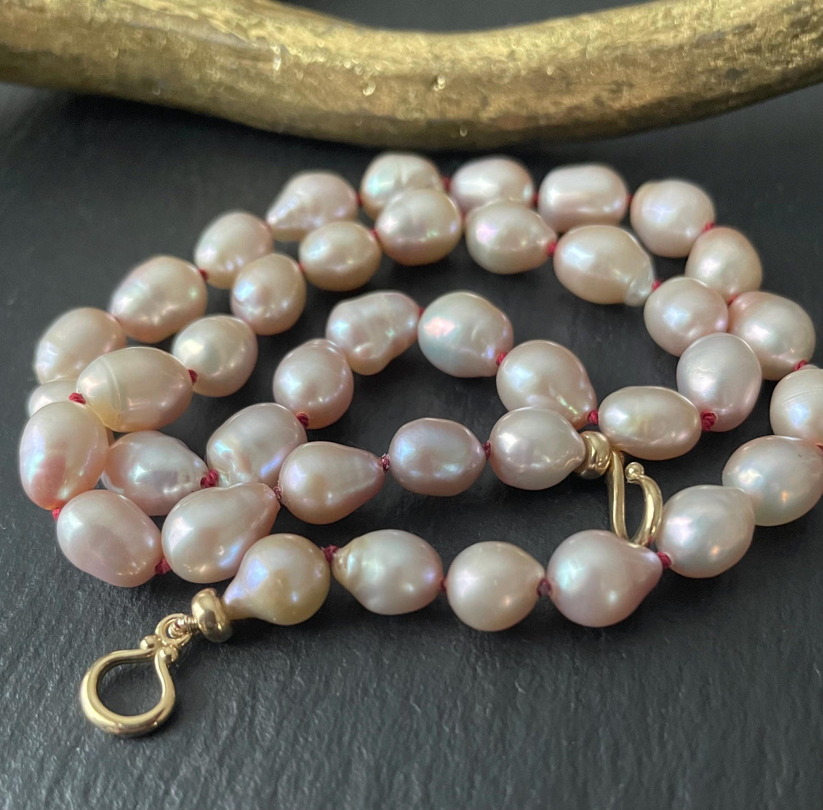 Natural Mauve Pink high luster Baroque Pearl Knotted Necklace, 14k Solid Gold Components.