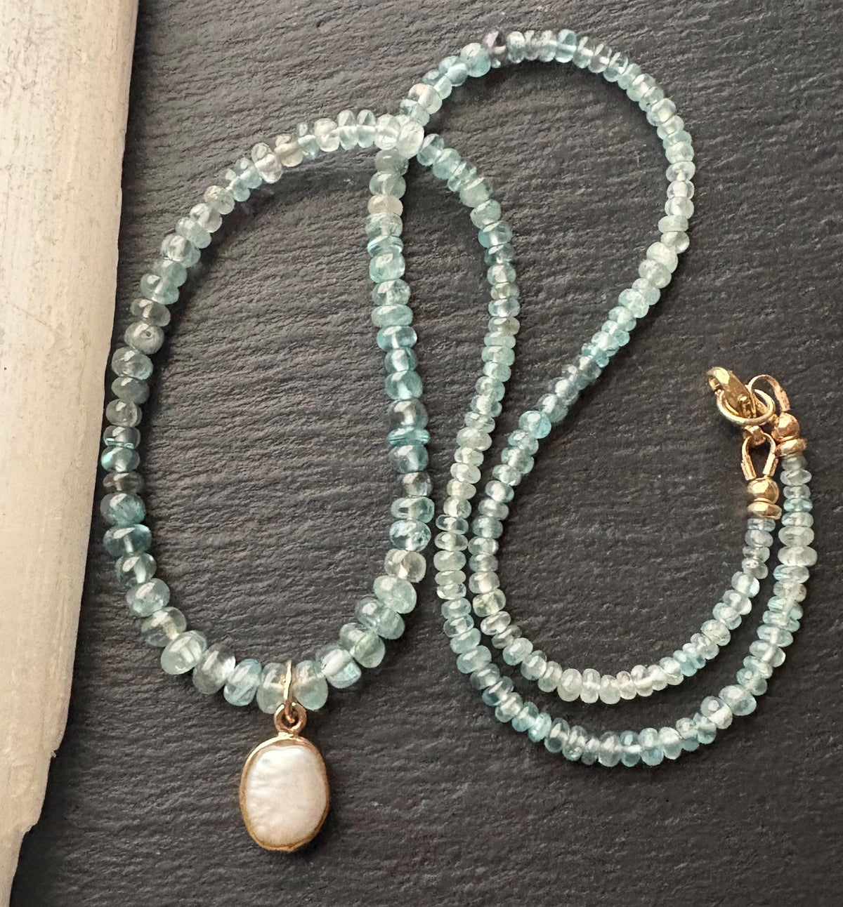 Natural Aqua blue Zircon Necklace: 18K Gold Baroque Pearl Pendant, Solid 14K Gold