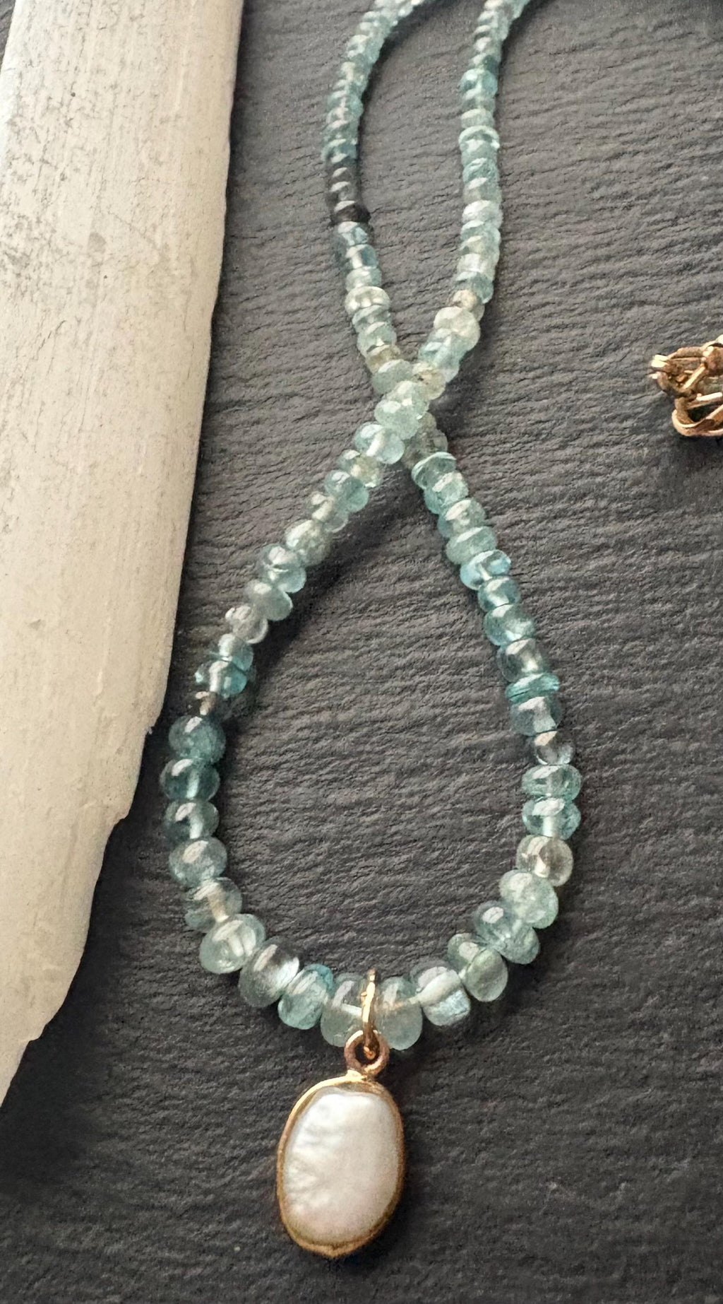 Natural Aqua blue Zircon Necklace: 18K Gold Baroque Pearl Pendant, Solid 14K Gold