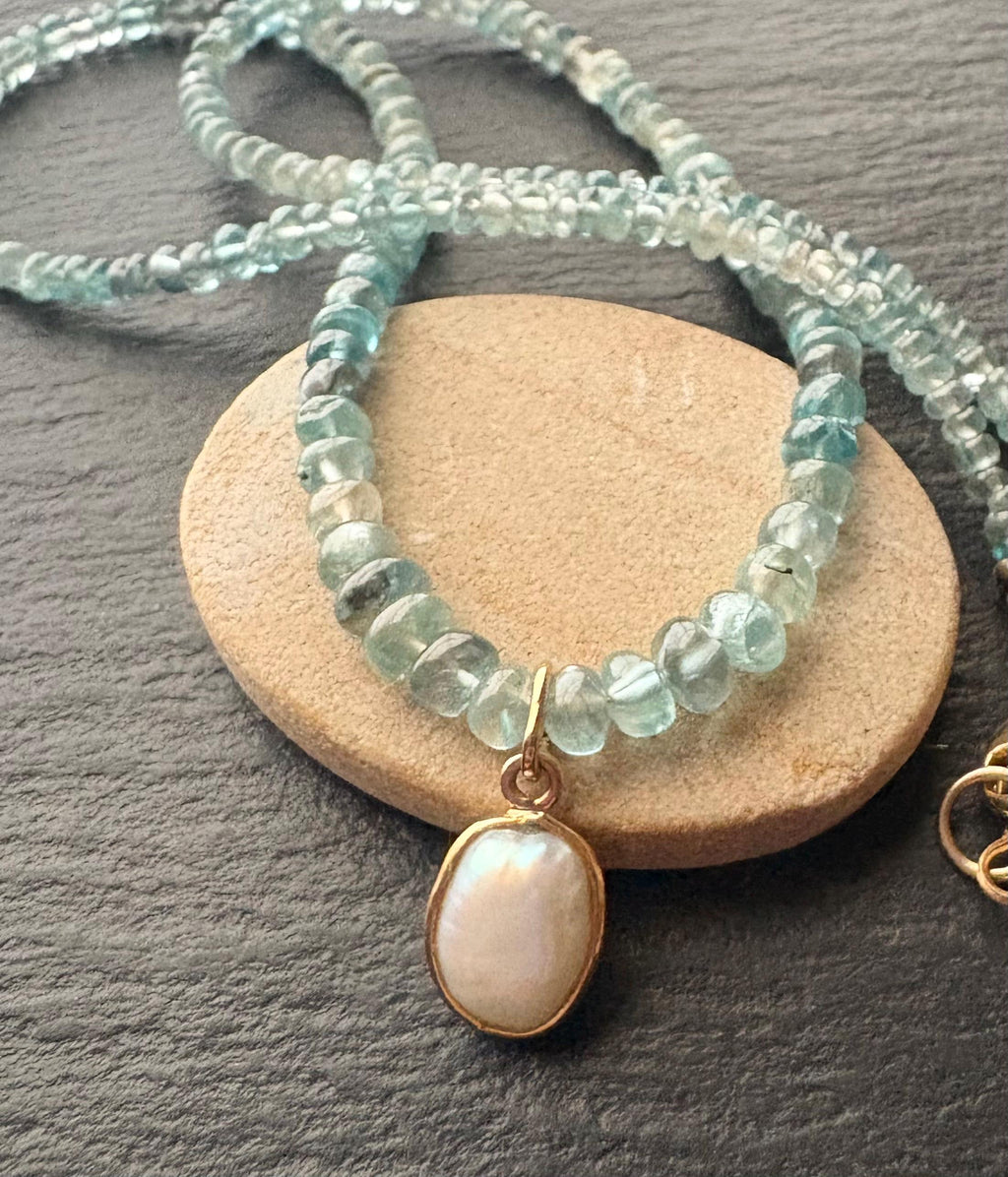 Natural Aqua blue Zircon Necklace: 18K Gold Baroque Pearl Pendant, Solid 14K Gold