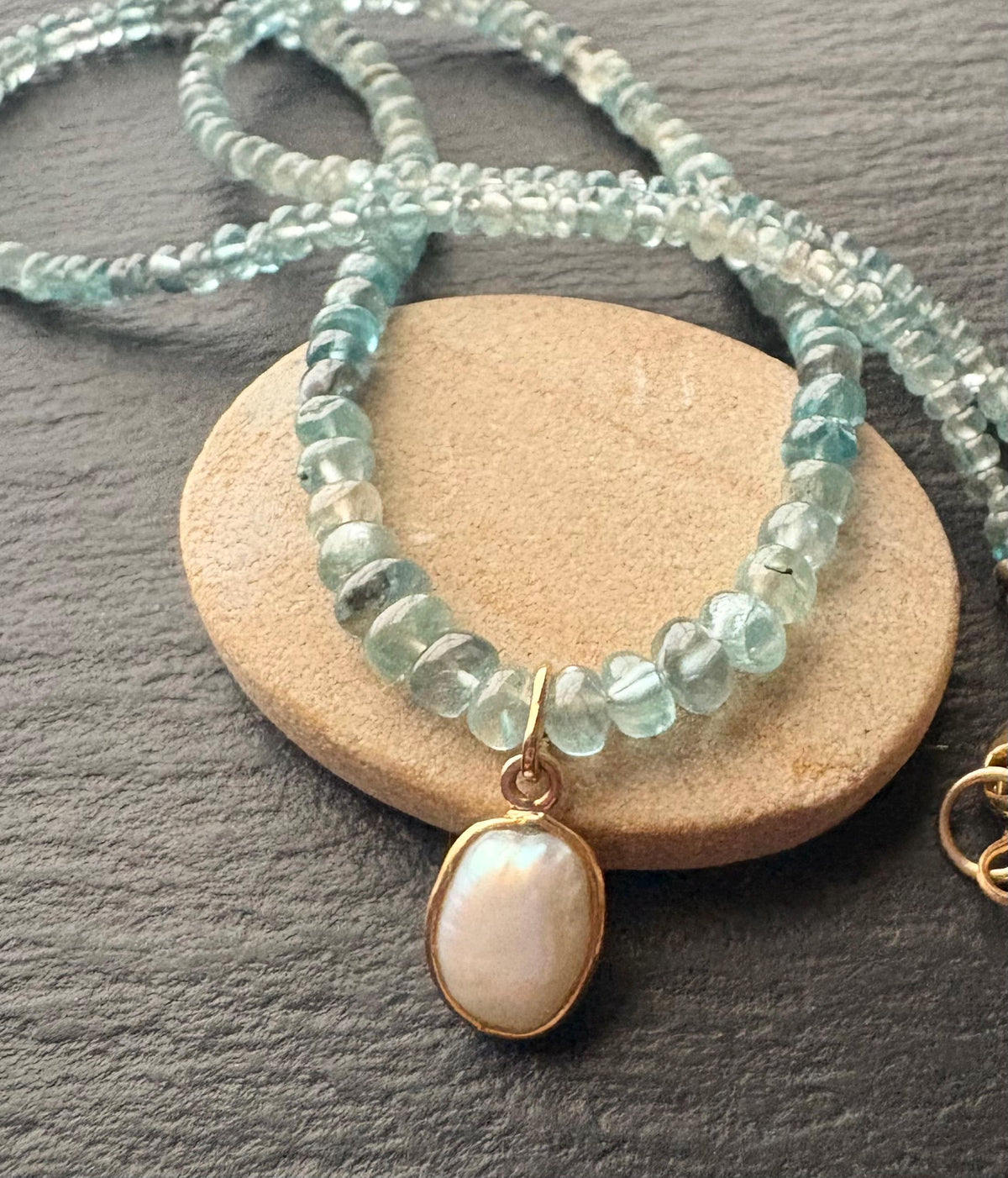 Natural Aqua blue Zircon Necklace: 18K Gold Baroque Pearl Pendant, Solid 14K Gold