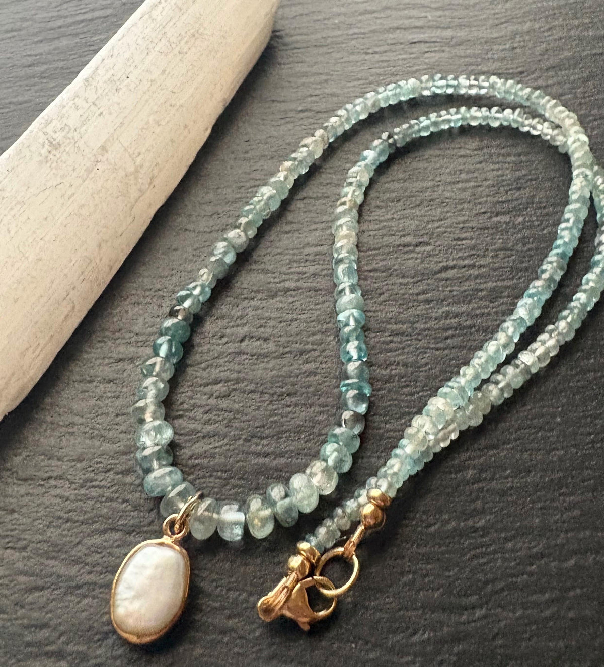 Natural Aqua blue Zircon Necklace: 18K Gold Baroque Pearl Pendant, Solid 14K Gold