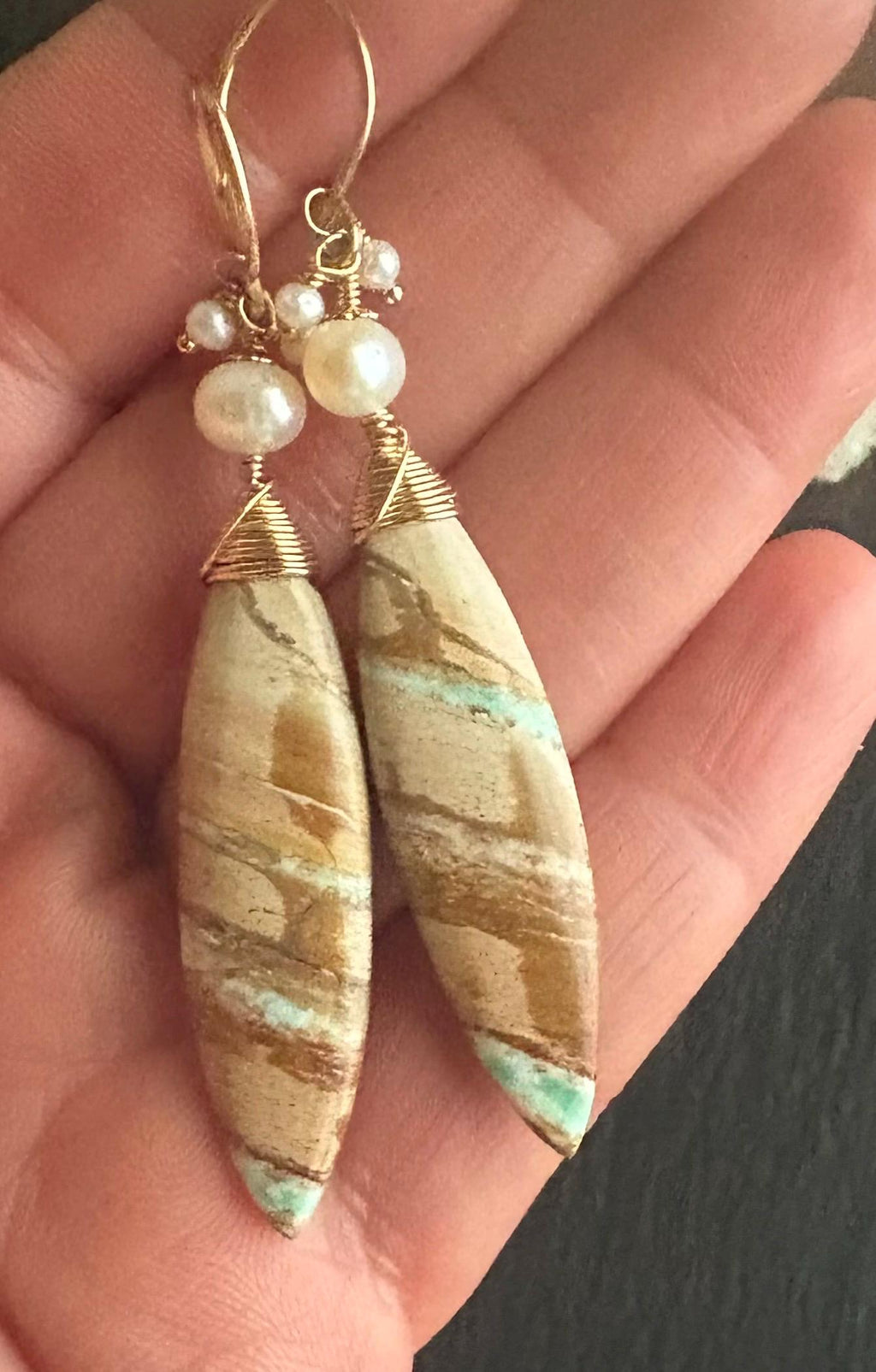 Luxe Variscite & Freshwater Pearl Earrings: 14K Gold Filled Artisan Jewelry