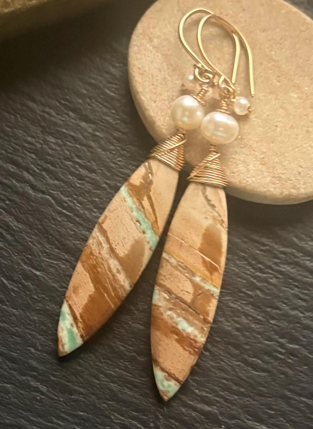 Luxe Variscite & Freshwater Pearl Earrings: 14K Gold Filled Artisan Jewelry