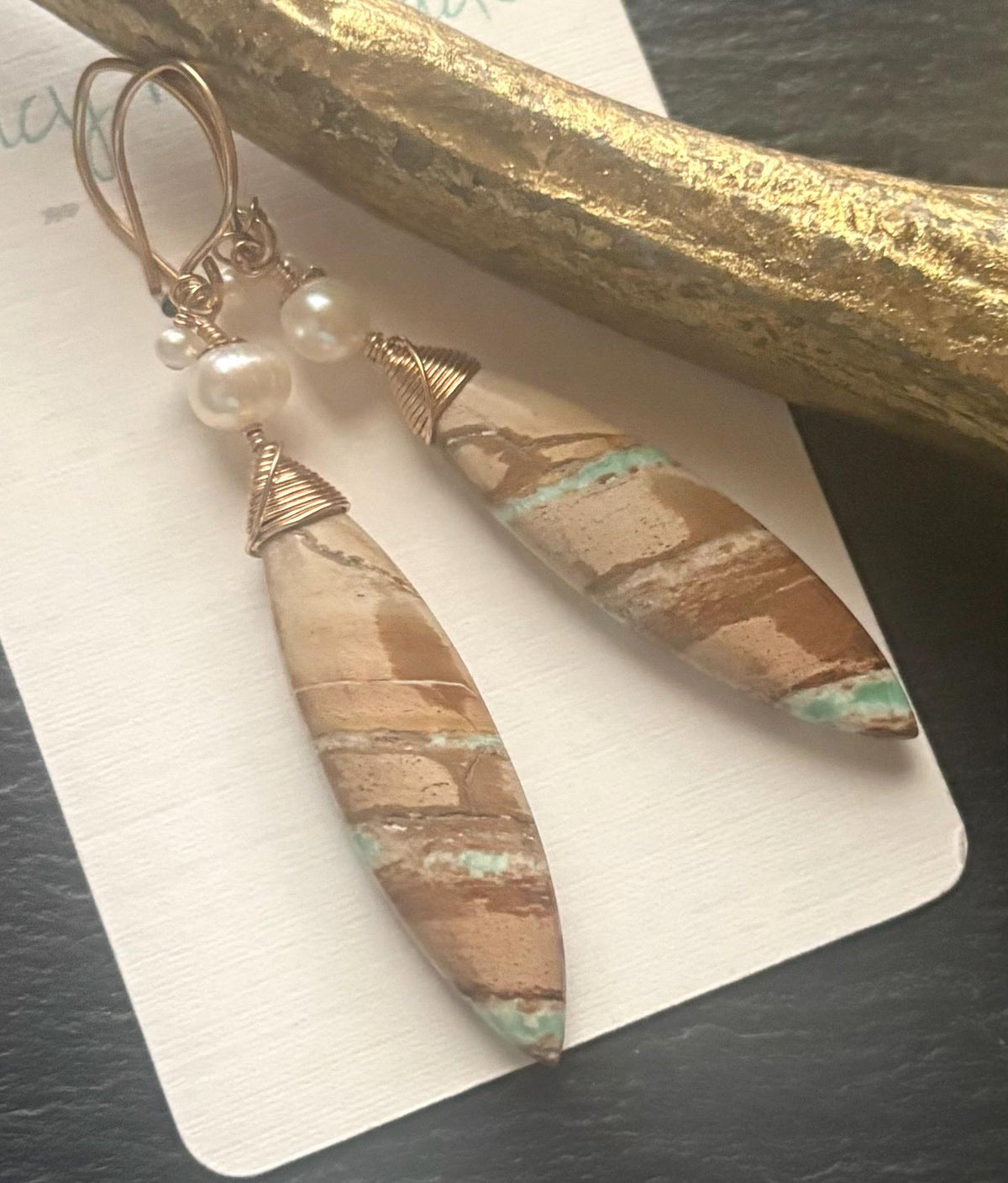 Luxe Variscite & Freshwater Pearl Earrings: 14K Gold Filled Artisan Jewelry
