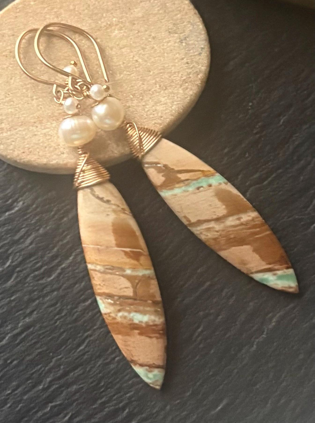 Luxe Variscite & Freshwater Pearl Earrings: 14K Gold Filled Artisan Jewelry