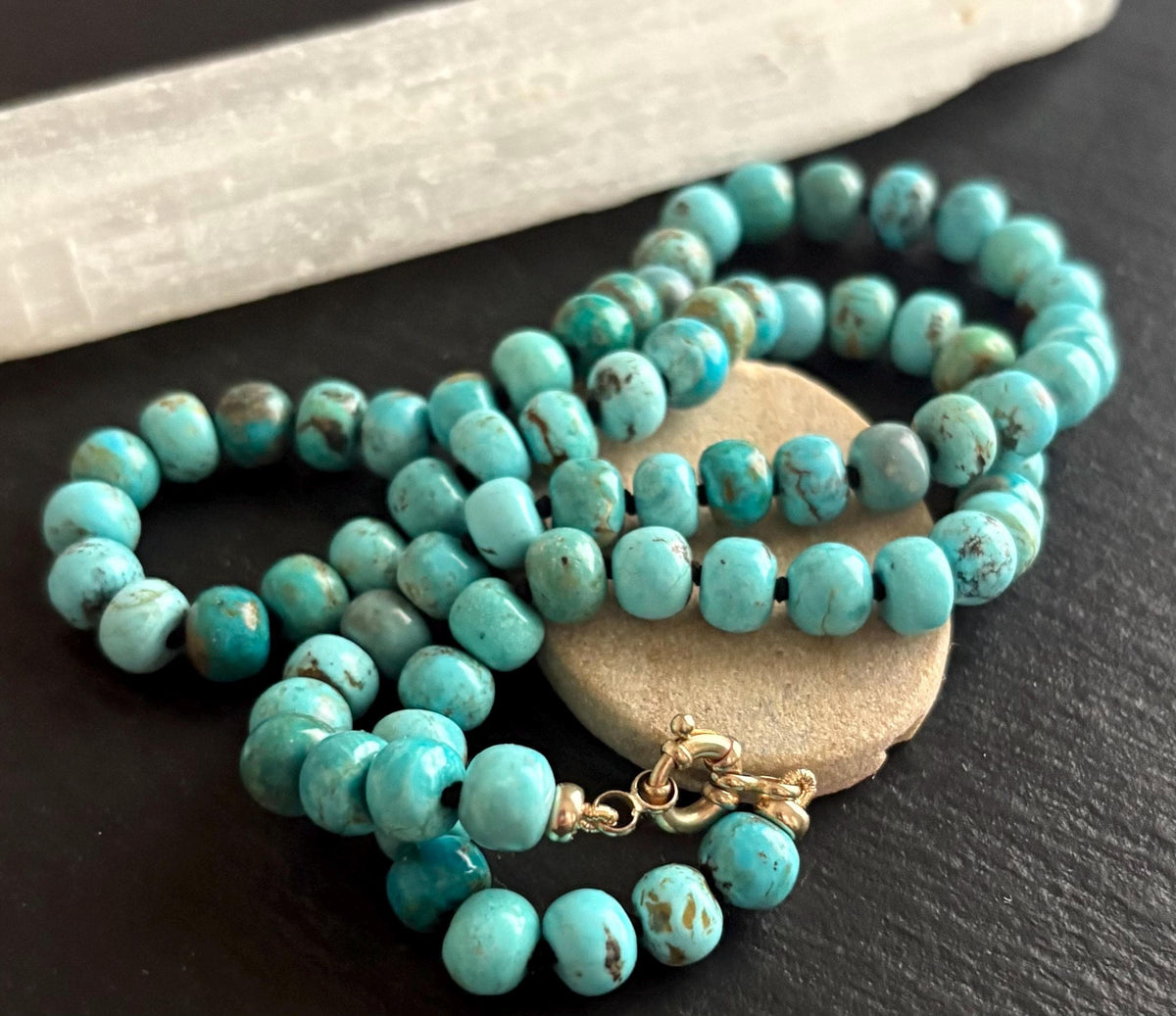 Arizona Turquoise Necklace, Solid 14K Gold, Hand Knotted