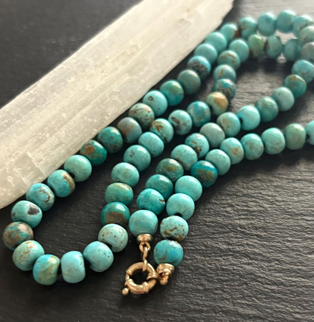 Arizona Turquoise Necklace, Solid 14K Gold, Hand Knotted