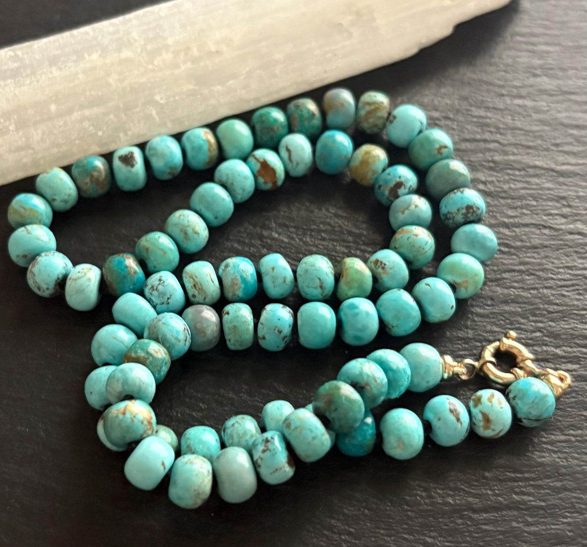 Arizona Turquoise Necklace, Solid 14K Gold, Hand Knotted