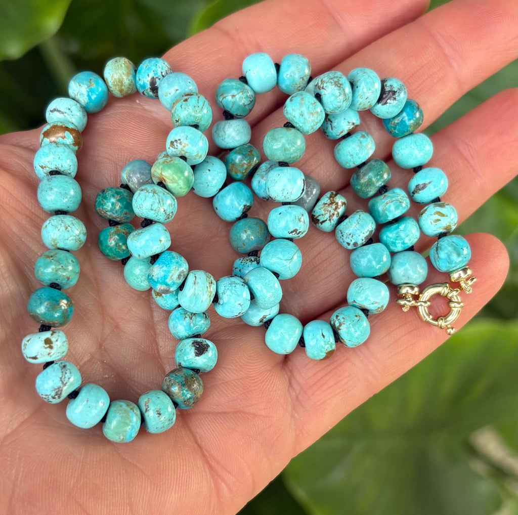Arizona Turquoise Necklace, Solid 14K Gold, Hand Knotted