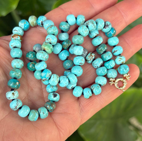 Arizona Turquoise Necklace, Solid 14K Gold, Hand Knotted