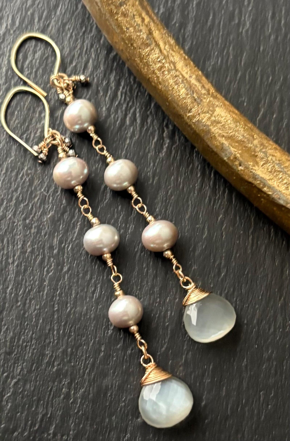 Gray Moonstone & Gray Freshwater Pearl Earrings, 14K Gold Filled