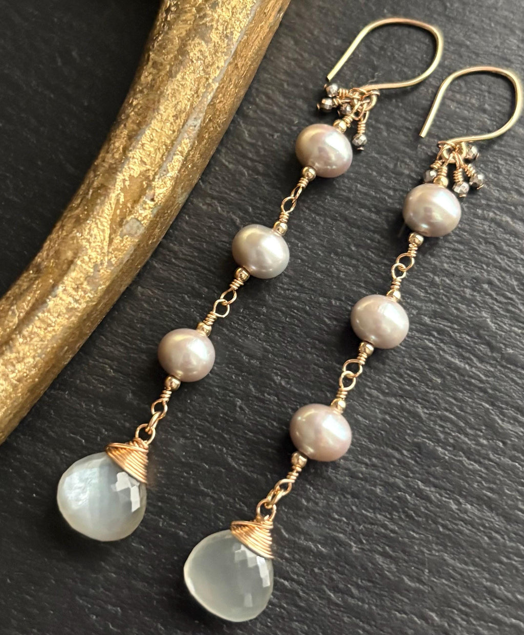 Gray Moonstone & Gray Freshwater Pearl Earrings, 14K Gold Filled