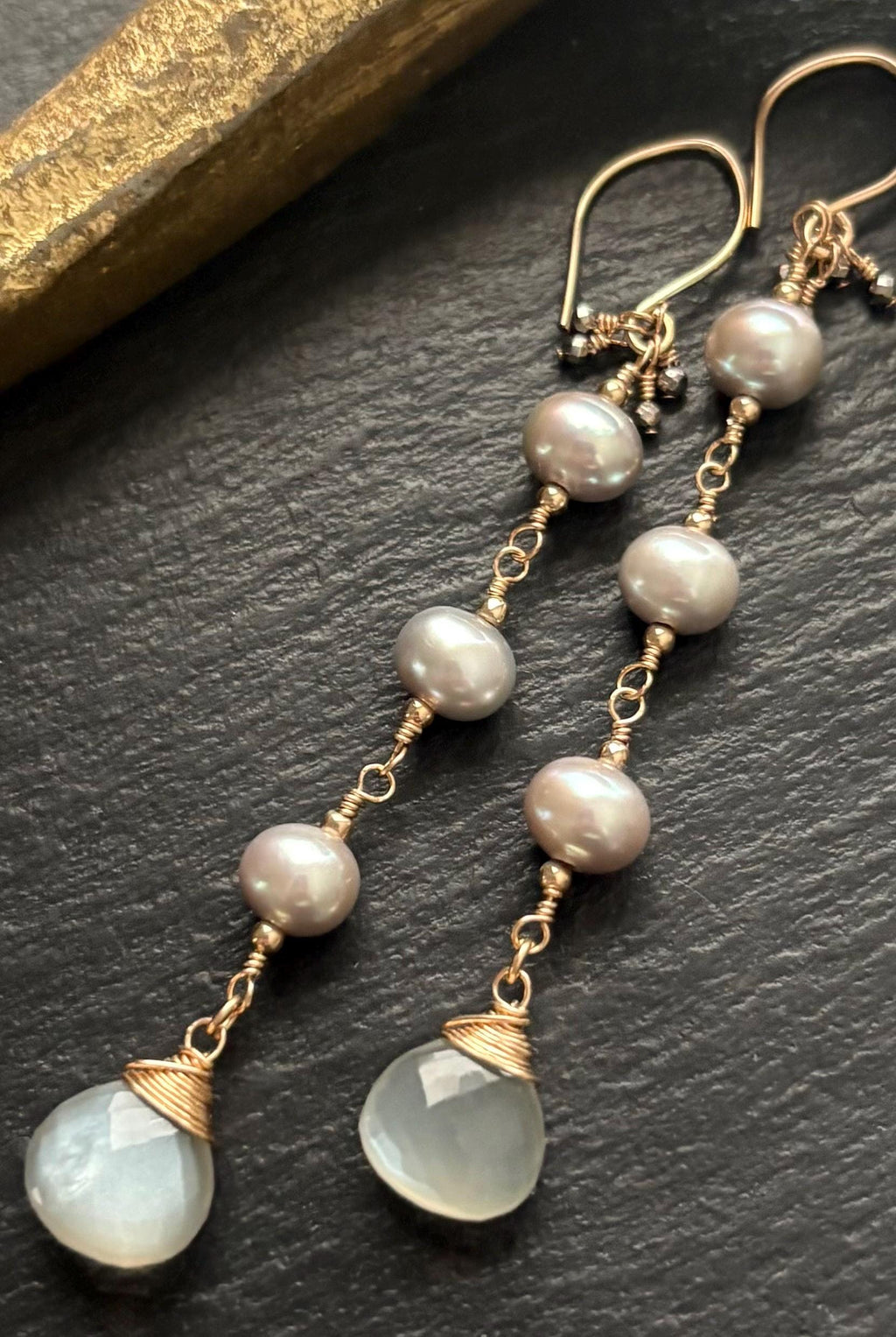 Gray Moonstone & Gray Freshwater Pearl Earrings, 14K Gold Filled