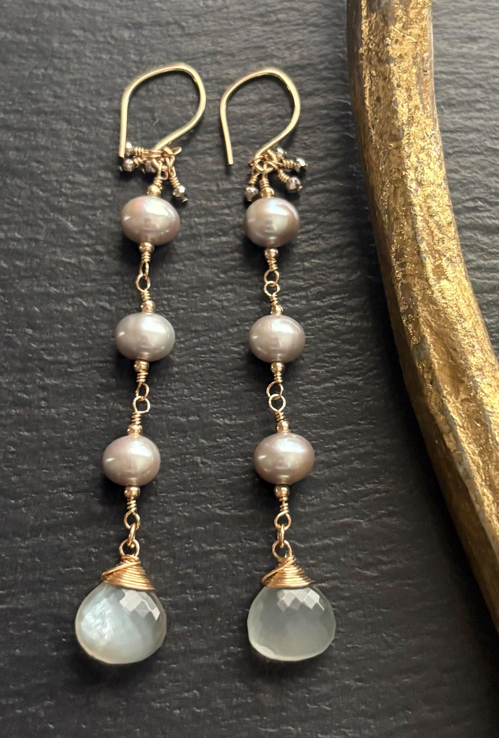 Gray Moonstone & Gray Freshwater Pearl Earrings, 14K Gold Filled
