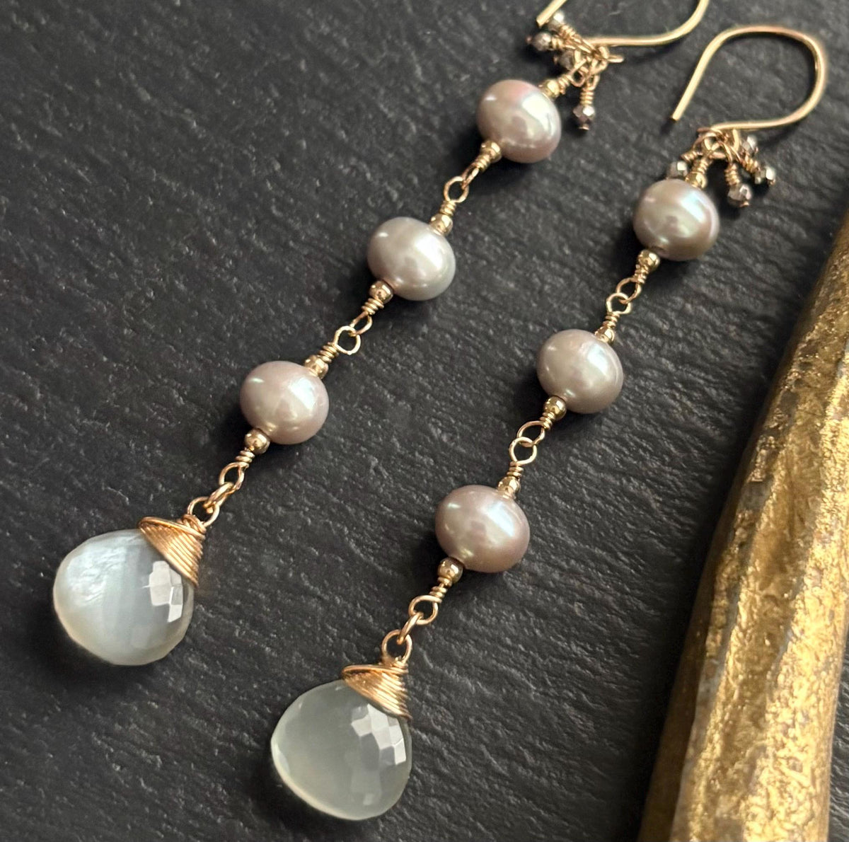 Gray Moonstone & Gray Freshwater Pearl Earrings, 14K Gold Filled