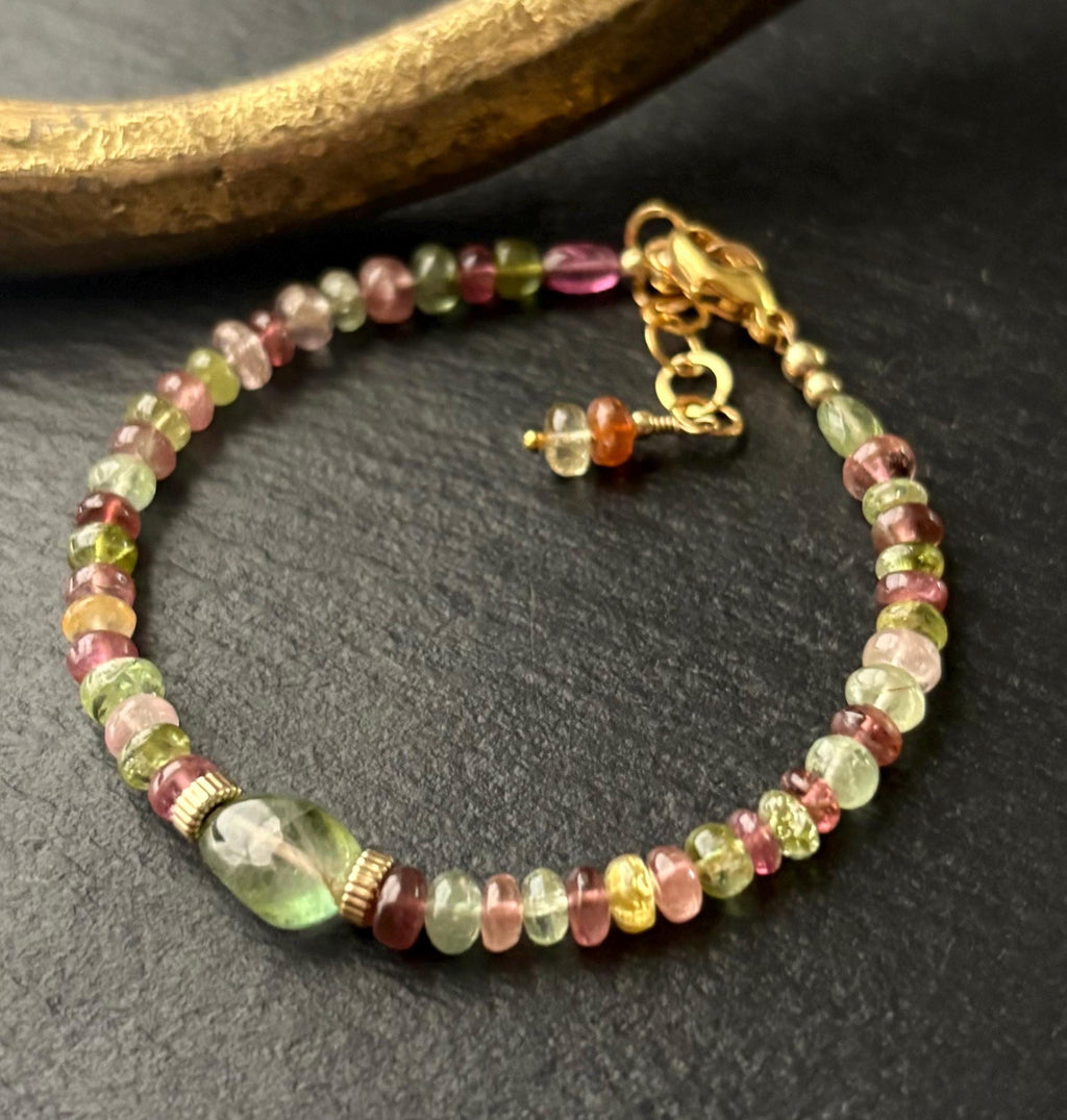 Natural Tourmaline Bracelet, 14K Gold Filled, Multicolor Tourmaline