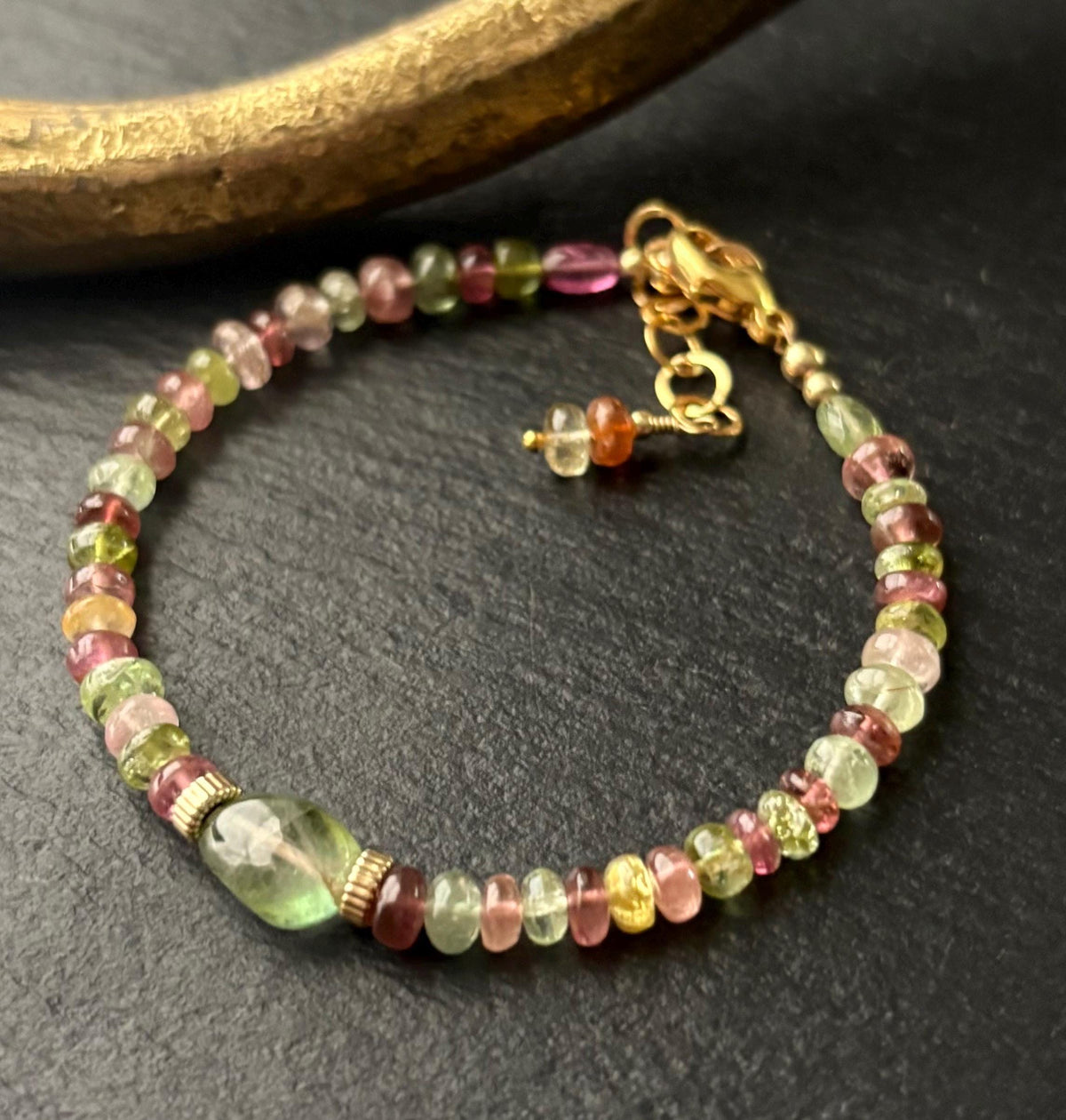 Natural Tourmaline Bracelet, 14K Gold Filled, Multicolor Tourmaline