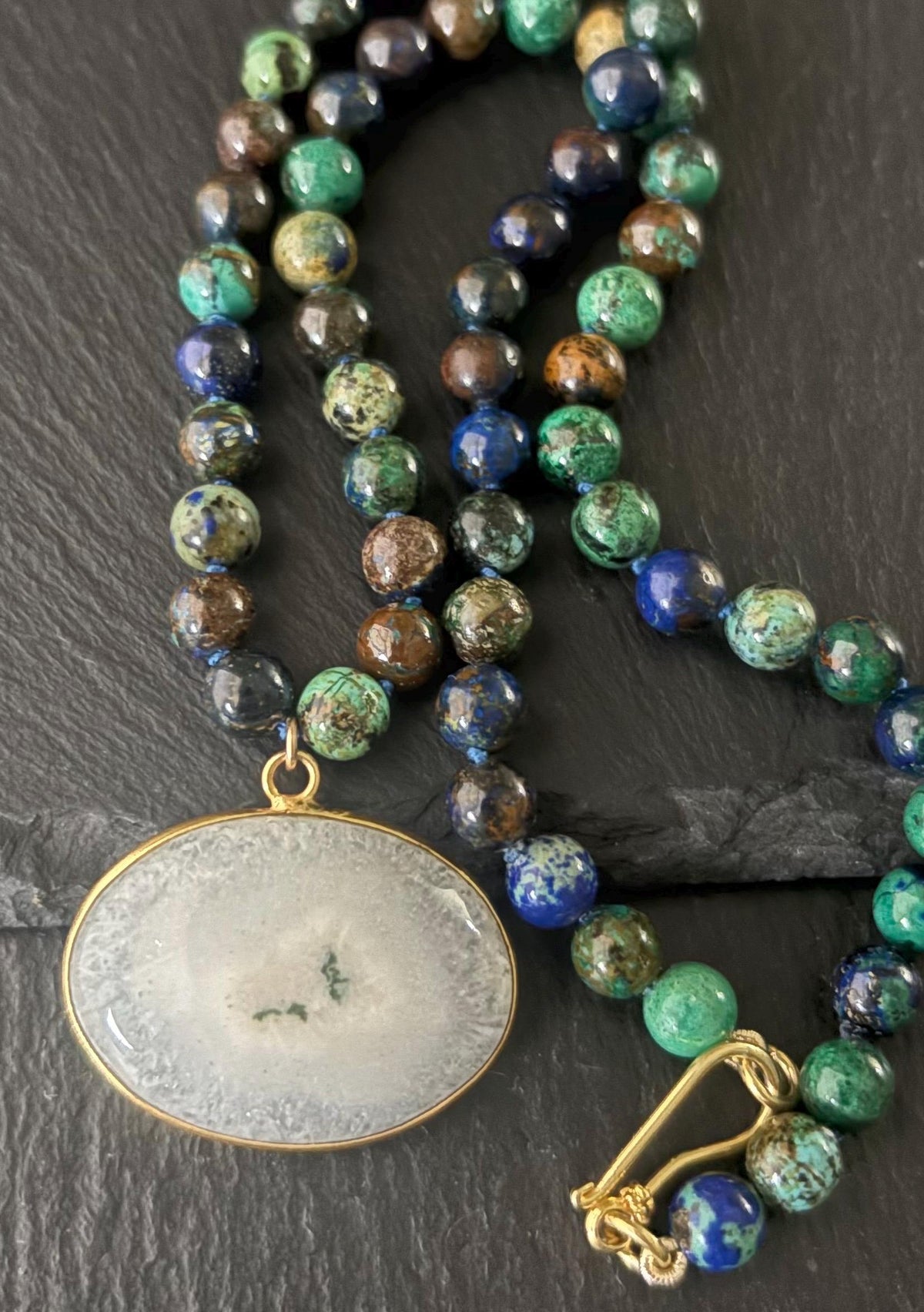 Azurite Malachite Knotted Necklace, White Solar Quartz Pendant