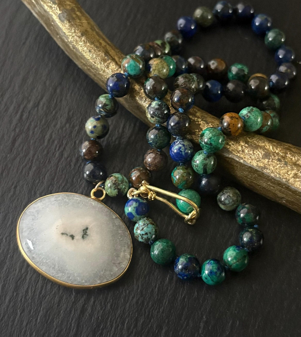 Azurite Malachite Knotted Necklace, White Solar Quartz Pendant