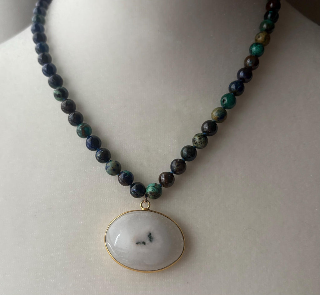 Azurite Malachite Knotted Necklace, White Solar Quartz Pendant