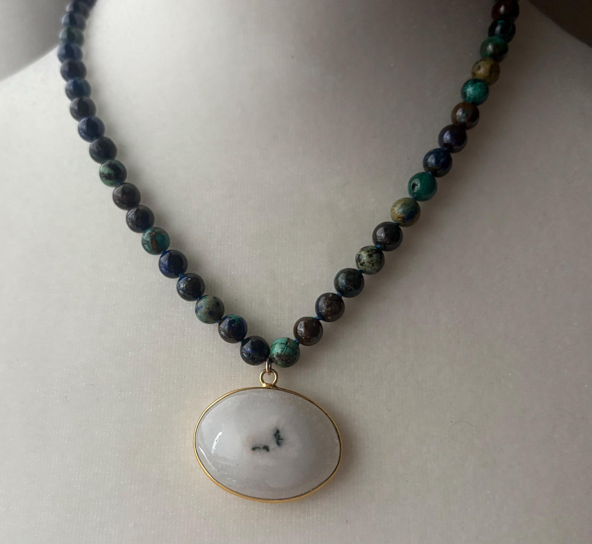 Azurite Malachite Knotted Necklace, White Solar Quartz Pendant