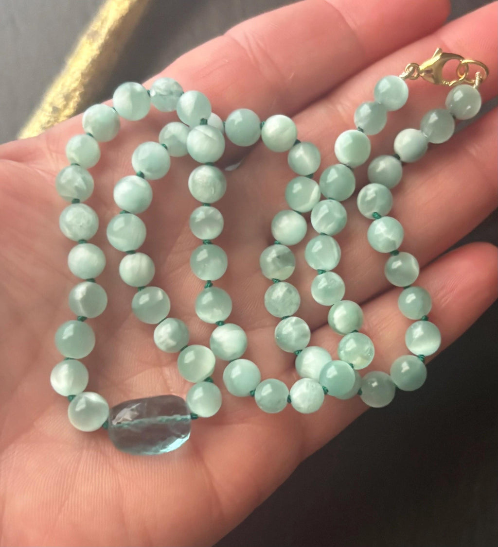 Green Moonstone Necklace, Teal Fluorite, 14K Gold Filled