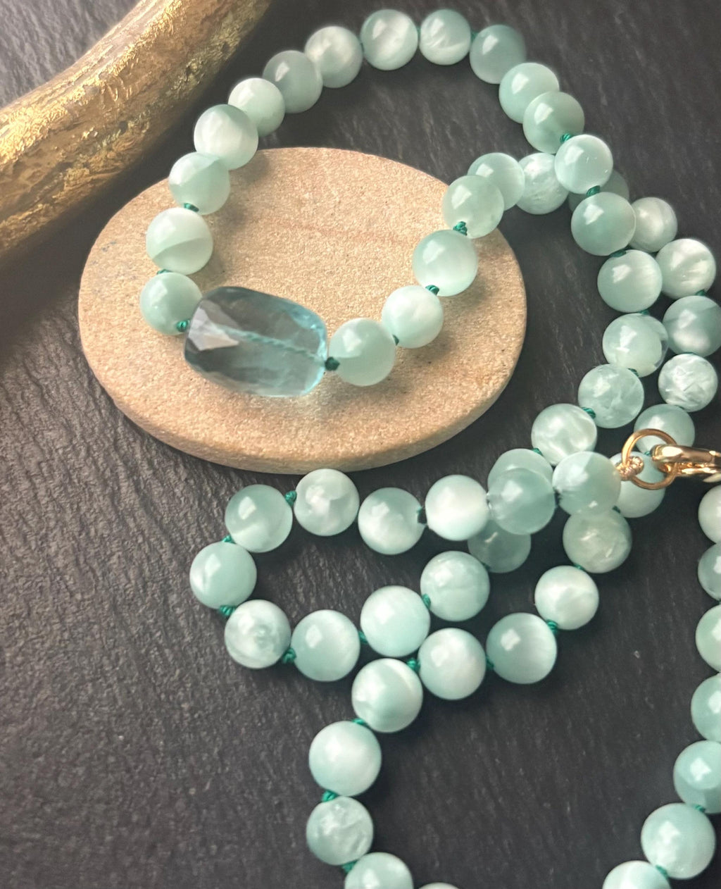 Green Moonstone Necklace, Teal Fluorite, 14K Gold Filled