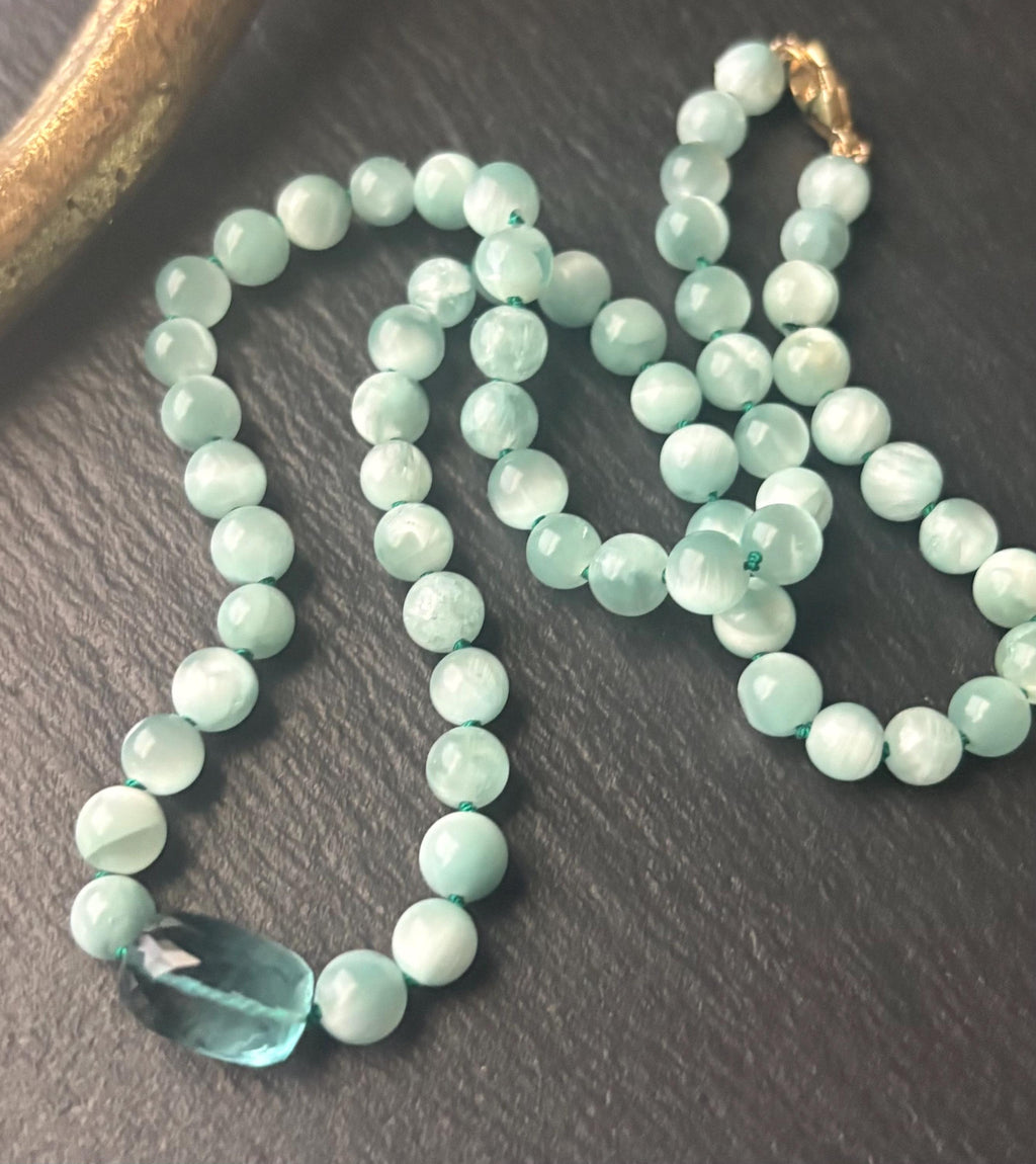Green Moonstone Necklace, Teal Fluorite, 14K Gold Filled