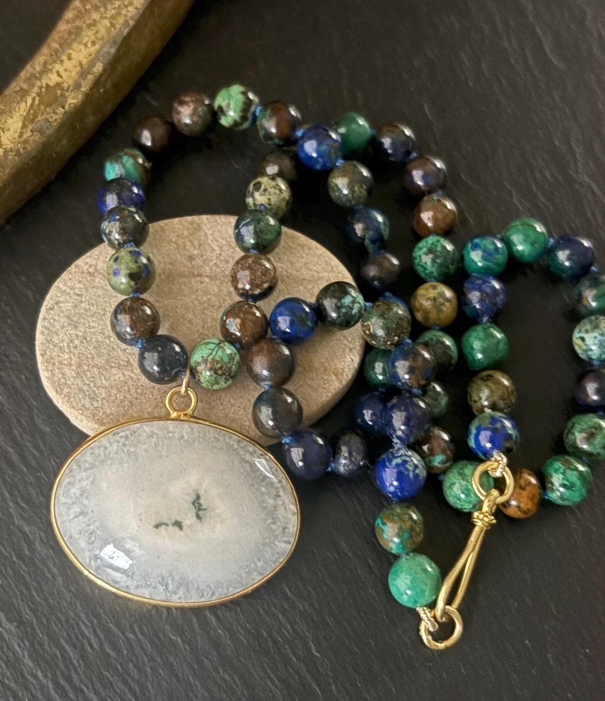 Azurite Malachite Knotted Necklace, White Solar Quartz Pendant