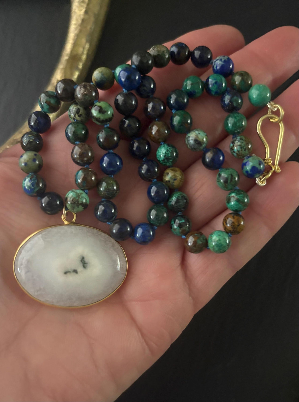 Azurite Malachite Knotted Necklace, White Solar Quartz Pendant