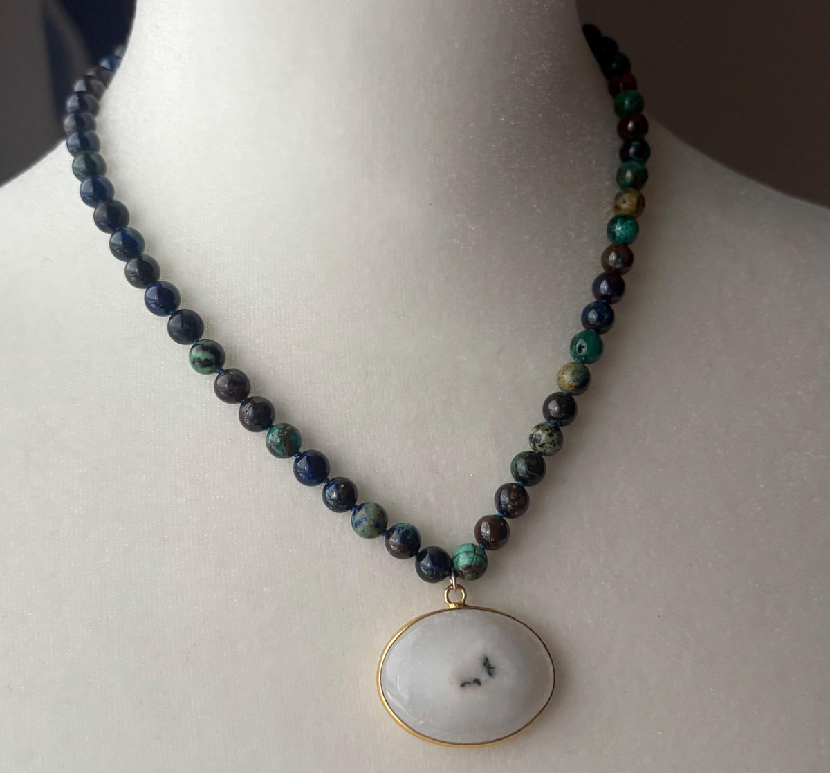 Azurite Malachite Knotted Necklace, White Solar Quartz Pendant