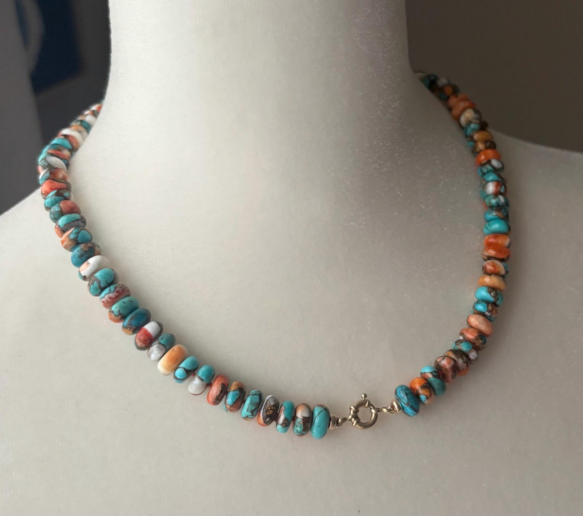 Kingman Turquoise & Spiny Oyster Necklace, Hand Knotted, Solid 14K gold