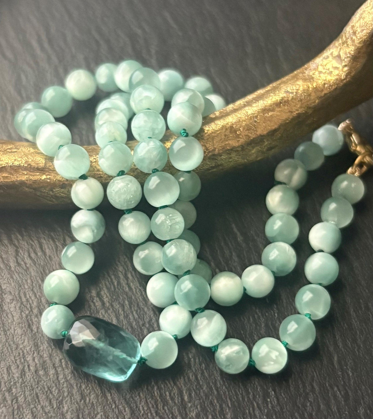 Green Moonstone Necklace, Teal Fluorite, 14K Gold Filled