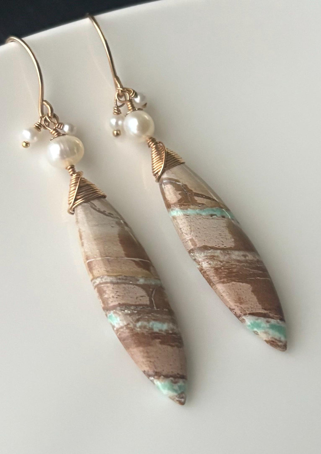 Luxe Variscite & Freshwater Pearl Earrings: 14K Gold Filled Artisan Jewelry