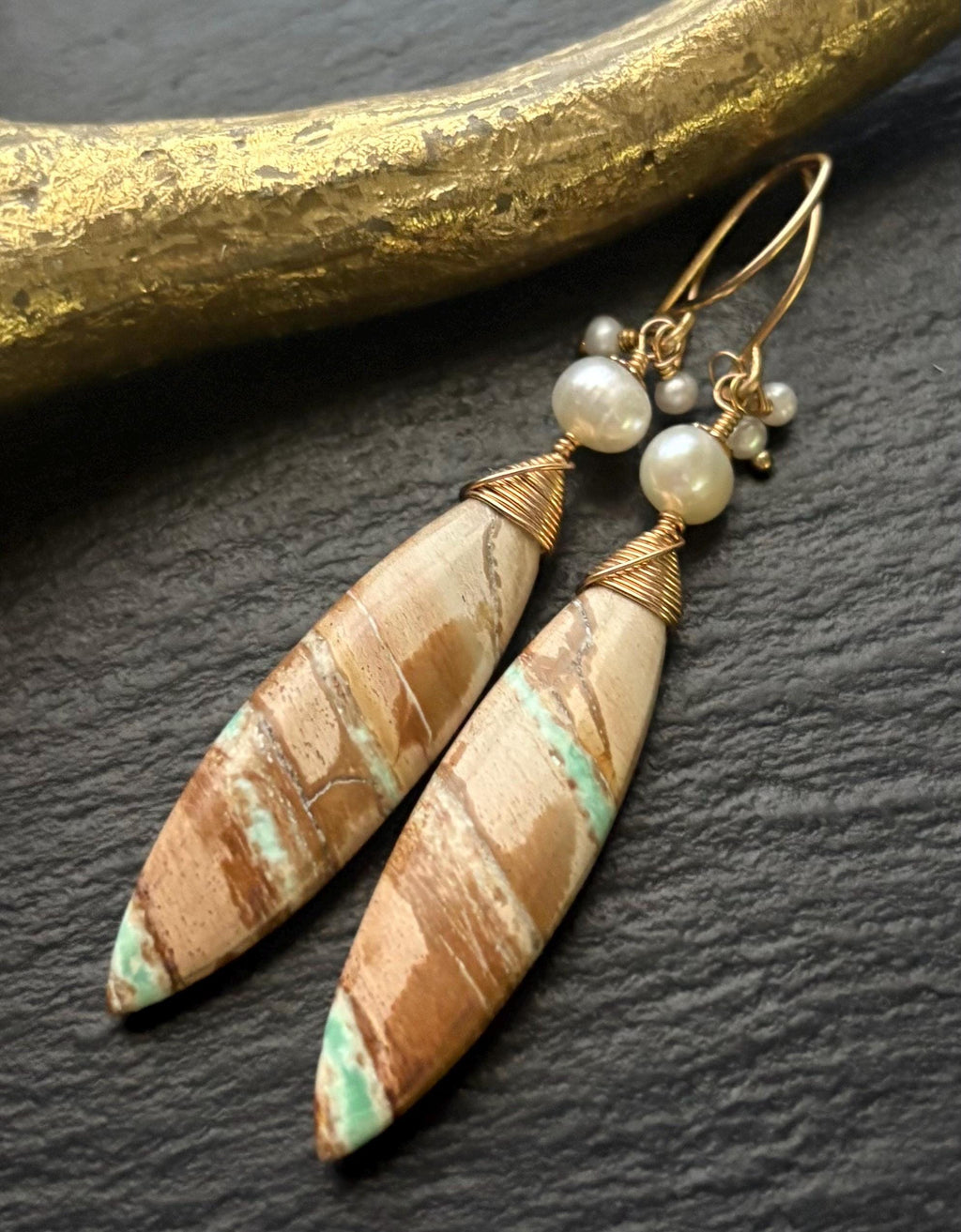 Luxe Variscite & Freshwater Pearl Earrings: 14K Gold Filled Artisan Jewelry