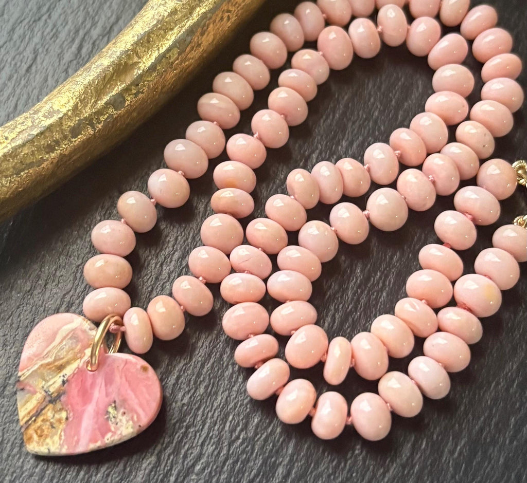 Pink Opal Heart Pendant Necklace, AAA Peruvian Dendritic Opal, 14k Vermeil Clasp