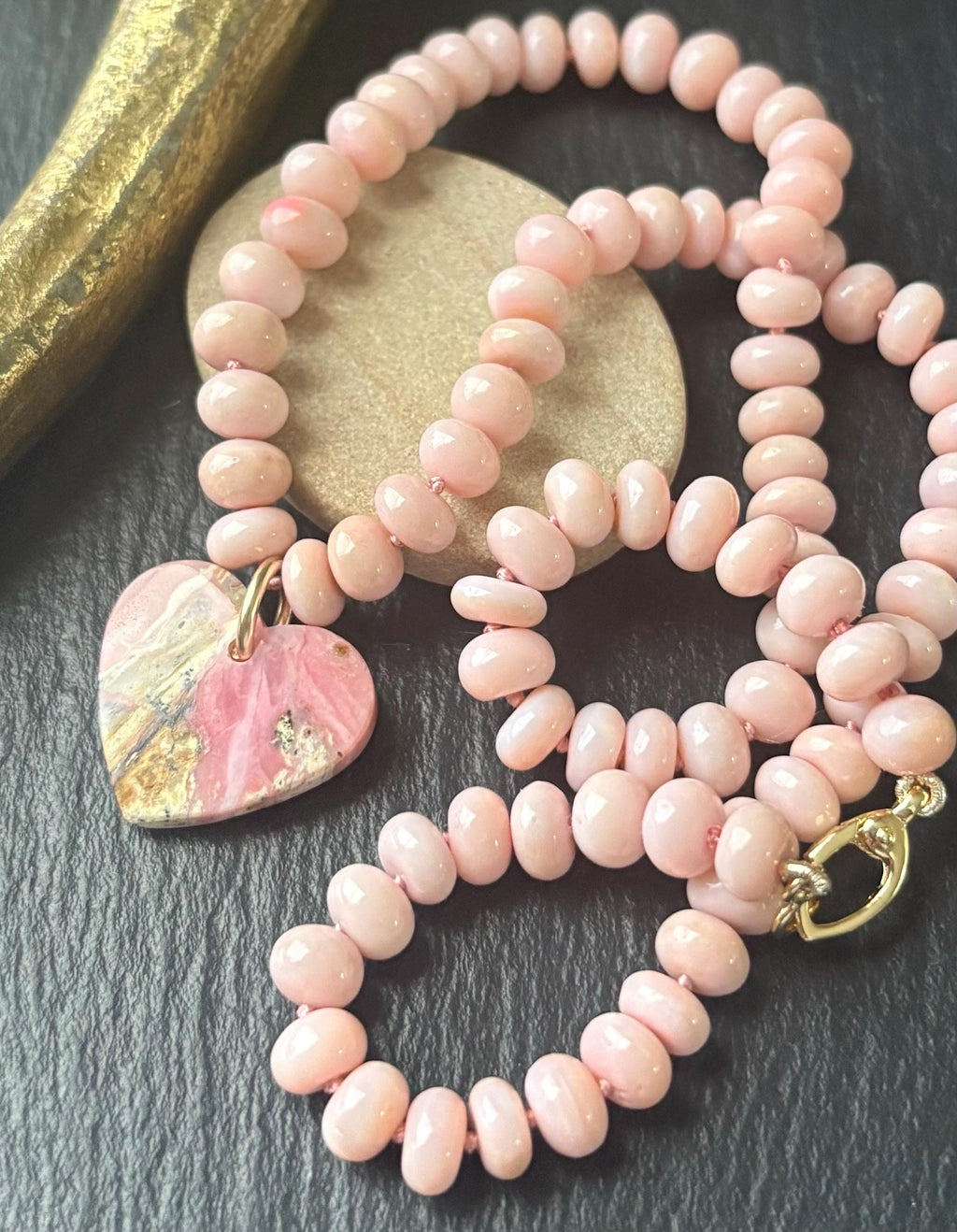 Pink Opal Heart Pendant Necklace, AAA Peruvian Dendritic Opal, 14k Vermeil Clasp