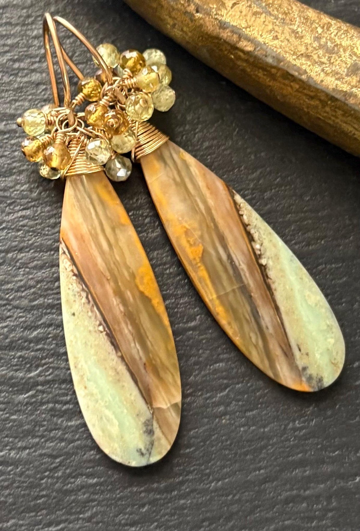 Opalized Wood Earrings, Grossular Garnet Earrings, 14K Gold Filled, Gemstone Jewelry