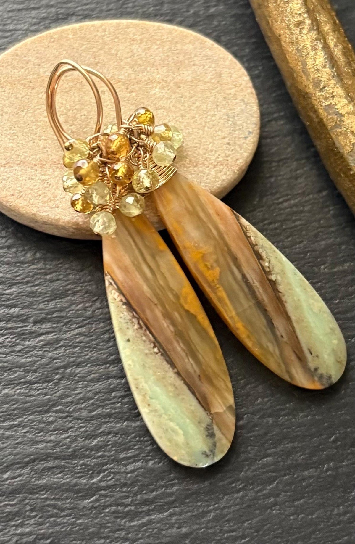 Opalized Wood Earrings, Grossular Garnet Earrings, 14K Gold Filled, Gemstone Jewelry
