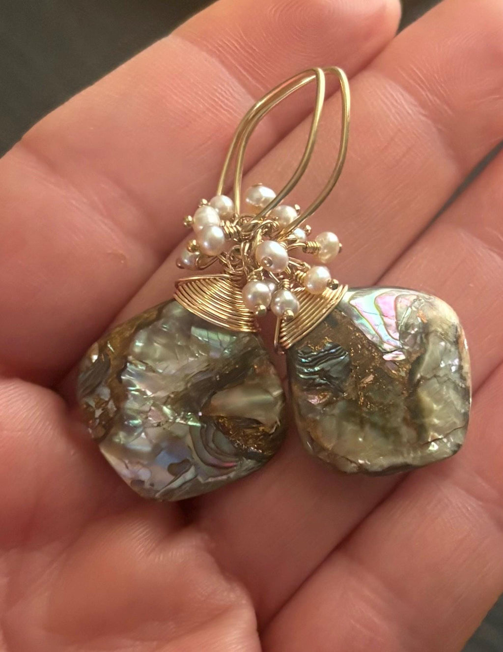 Copper Abalone Shell Earrings, 14K Gold Filled, Freshwater Pearl Drop Earrings