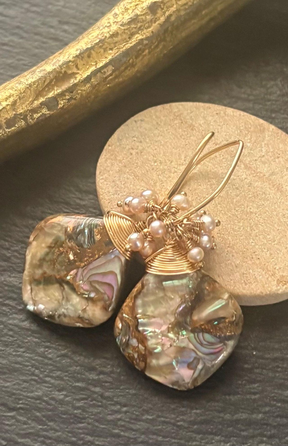 Copper Abalone Shell Earrings, 14K Gold Filled, Freshwater Pearl Drop Earrings