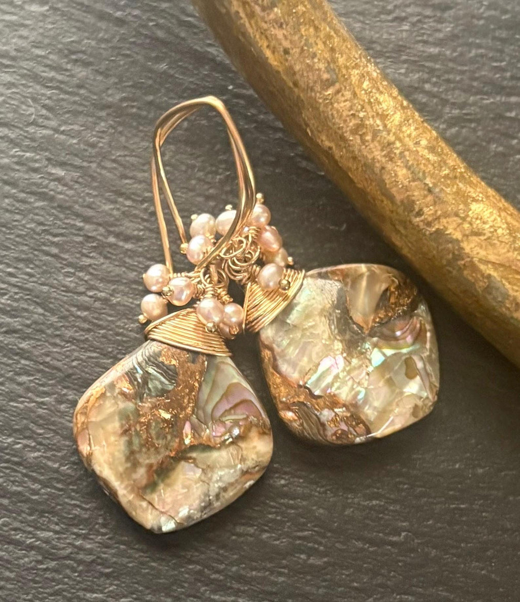 Copper Abalone Shell Earrings, 14K Gold Filled, Freshwater Pearl Drop Earrings