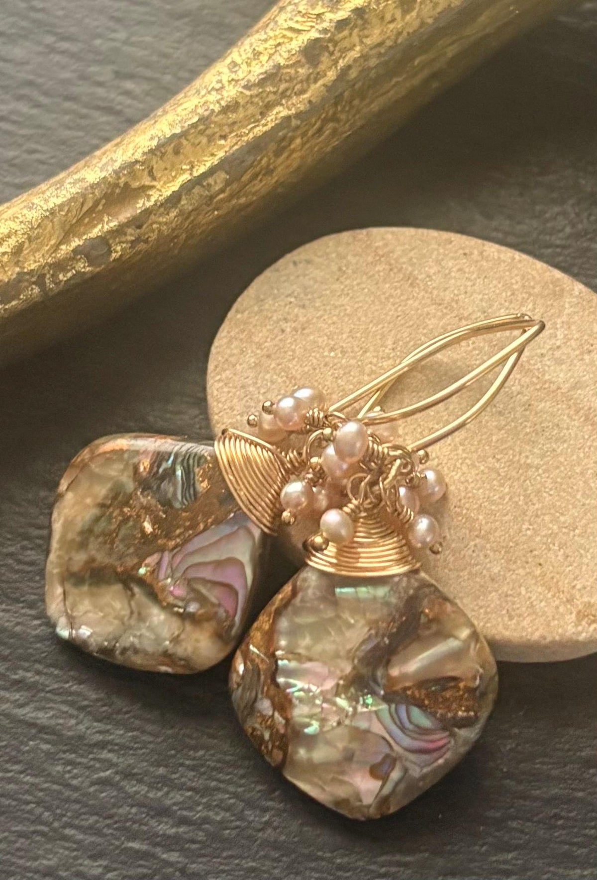 Copper Abalone Shell Earrings, 14K Gold Filled, Freshwater Pearl Drop Earrings