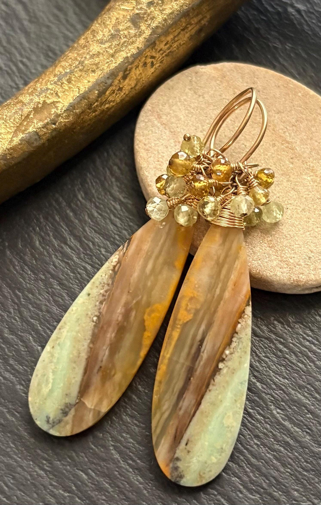 Opalized Wood Earrings, Grossular Garnet Earrings, 14K Gold Filled, Gemstone Jewelry
