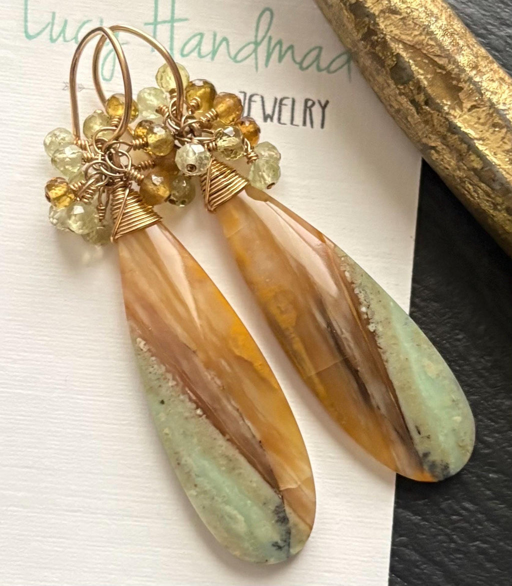 Opalized Wood Earrings, Grossular Garnet Earrings, 14K Gold Filled, Gemstone Jewelry