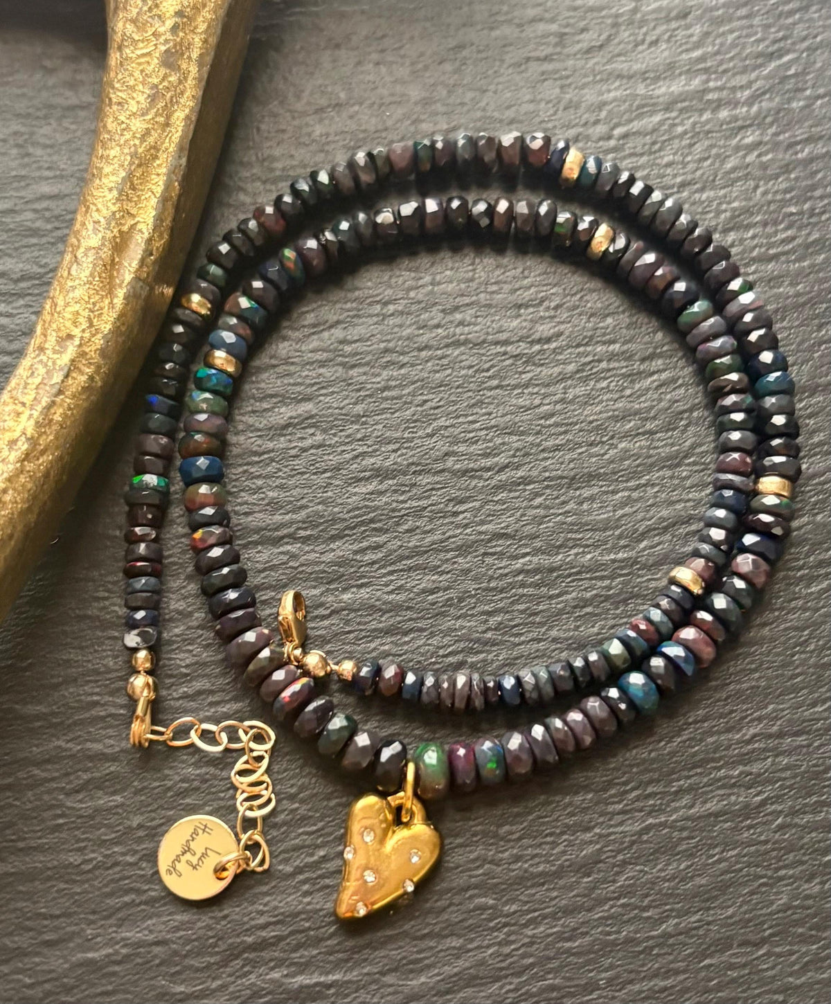 Ethiopian Opal Rondelle Necklace with Gold Heart Pendant – 14k Gold-Filled Chain